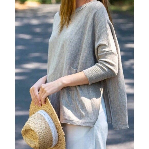 Mer Sea Sweater Women Size OS Catalina Grey Fitted Sleeve Split Side Knit Top - Picture 2 of 7